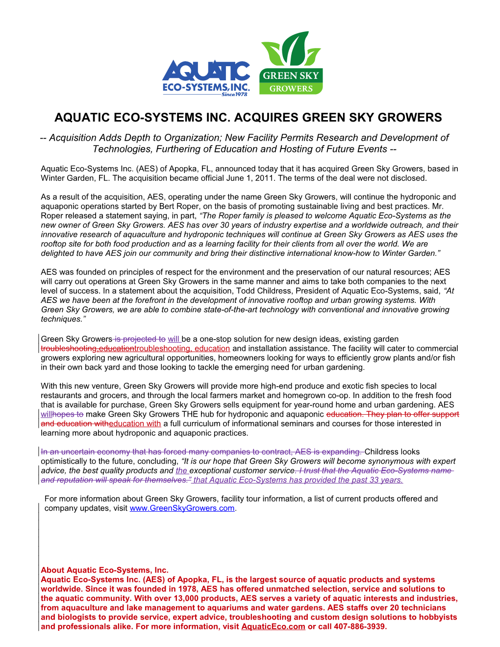 Aquatic Eco-Systems Inc. Acquires Green Sky Growers