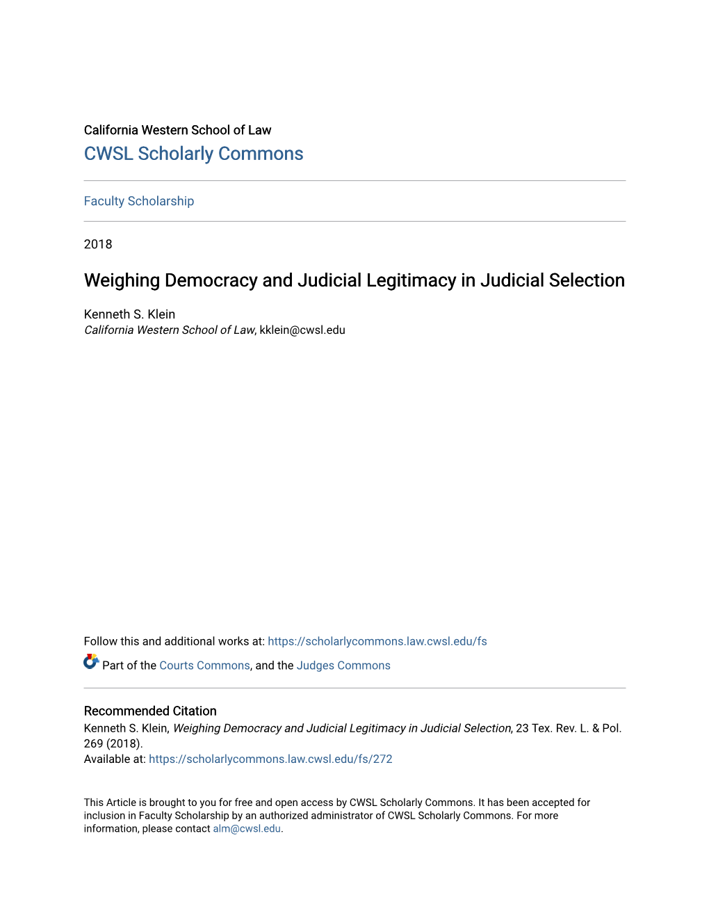 Weighing Democracy and Judicial Legitimacy in Judicial Selection