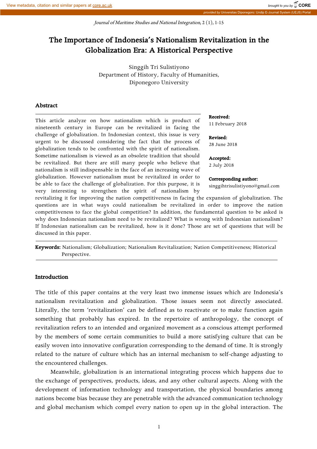 The Importance of Indonesia's Nationalism Revitalization in the Globalization Era: a Historical Perspective