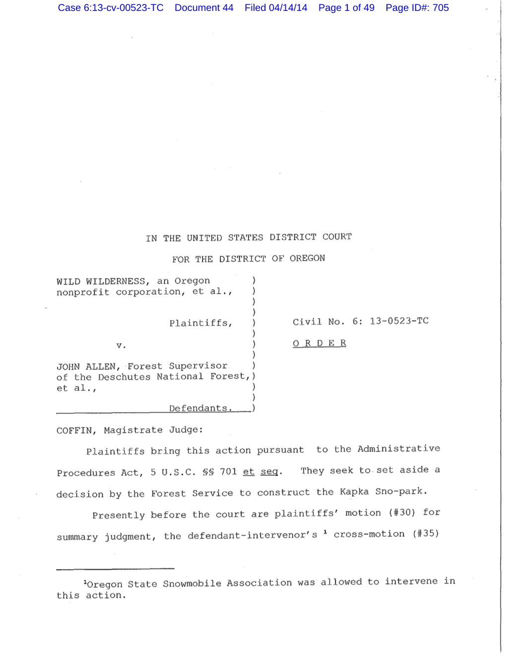 Case 6:13-Cv-00523-TC Document 44 Filed 04/14/14 Page 1 of 49 Page ID#: 705