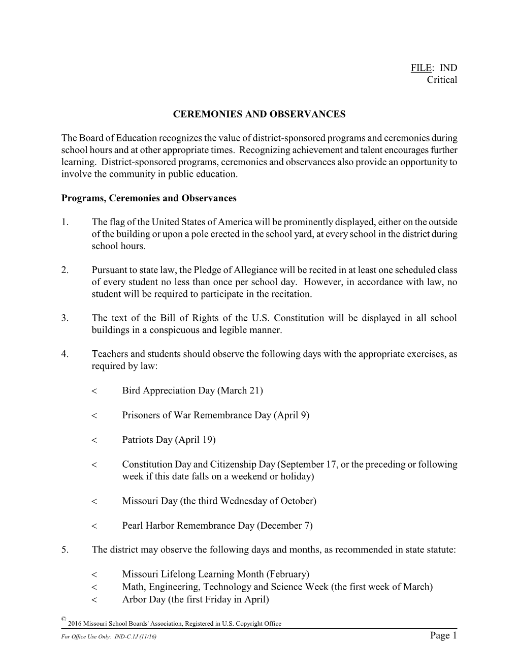 FILE: IND Critical Page 1 CEREMONIES AND