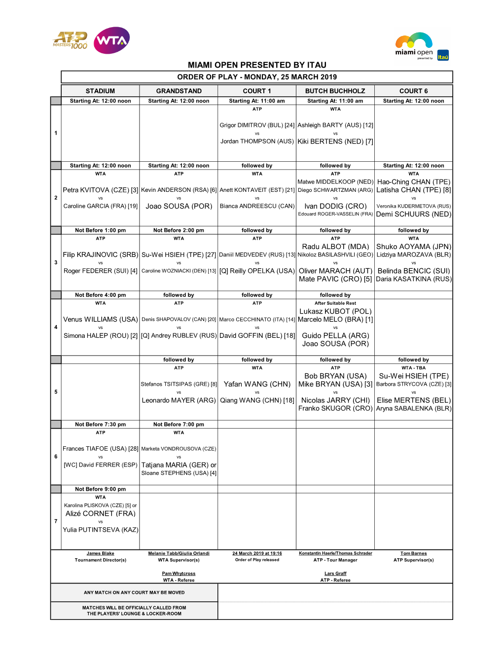 Miami Open Presented by Itau Order of Play - Monday, 25 March 2019
