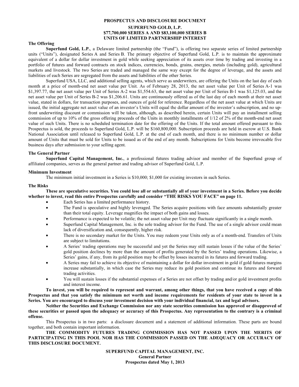 Prospectus and Disclosure Document Superfund Gold, L.P