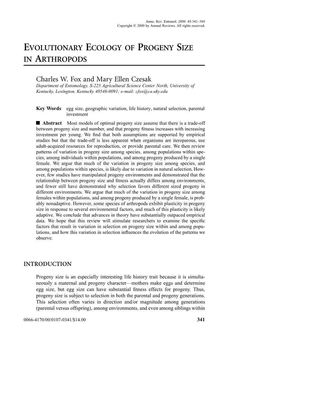 Evolutionary Ecology of Progeny Size in Arthropods