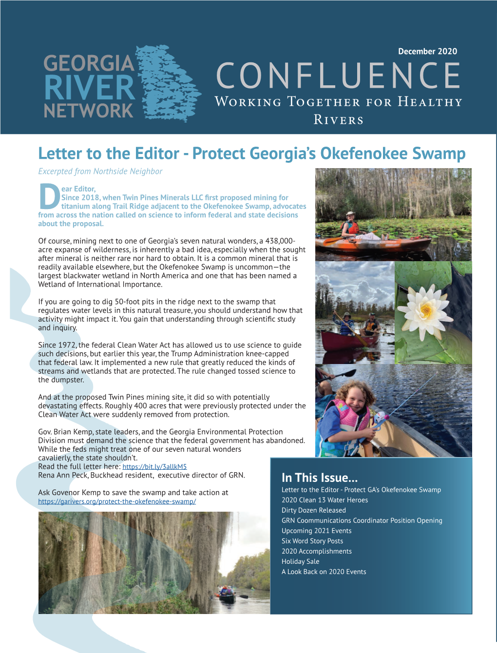 CONFLUENCE Working Together for Healthy Rivers Letter to the Editor - Protect Georgia’S Okefenokee Swamp Excerpted from Northside Neighbor