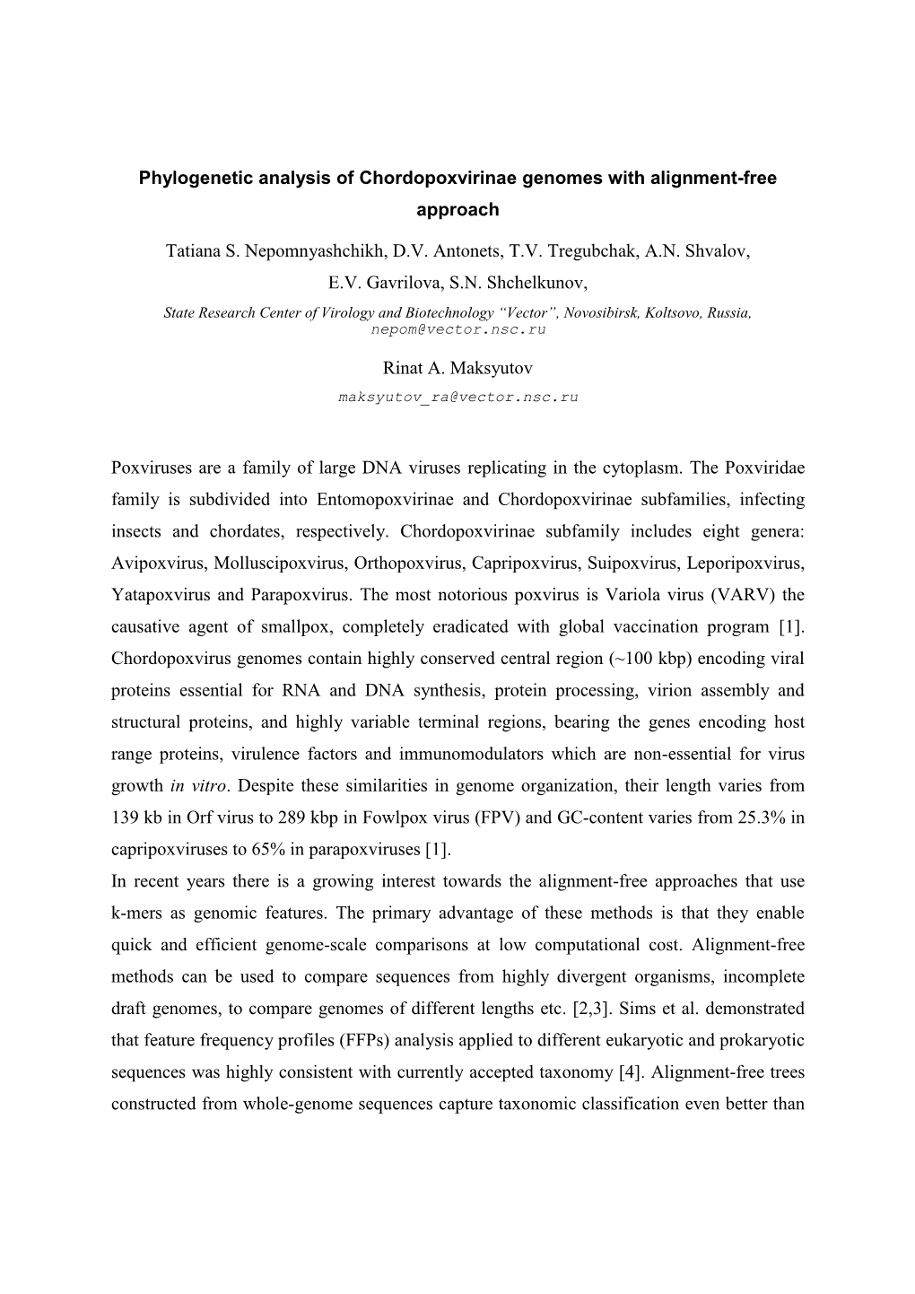 Phylogenetic Analysis of Chordopoxvirinae Genomes with Alignment-Free Approach