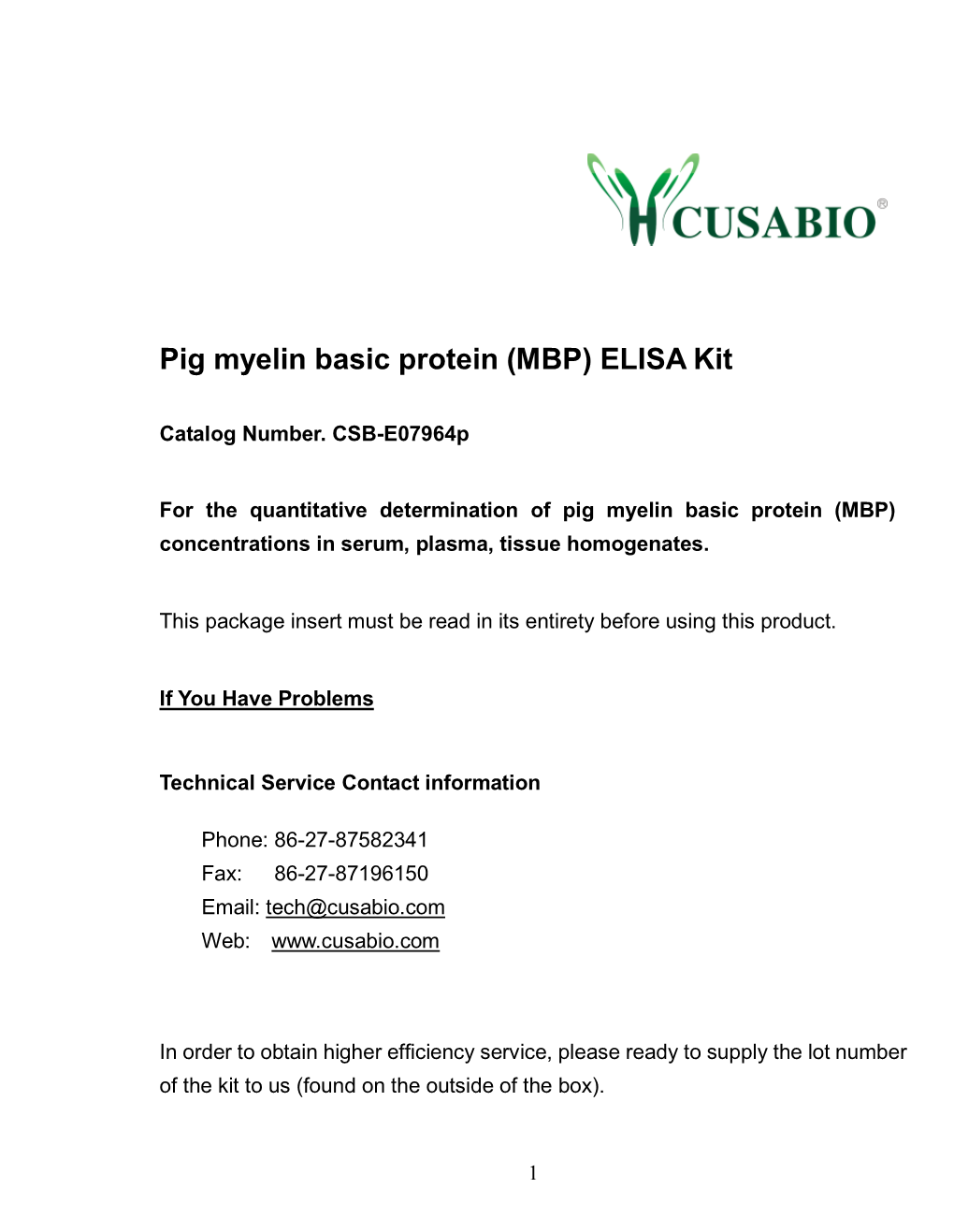 Pig Myelin Basic Protein,MBP ELISA Kit Manual