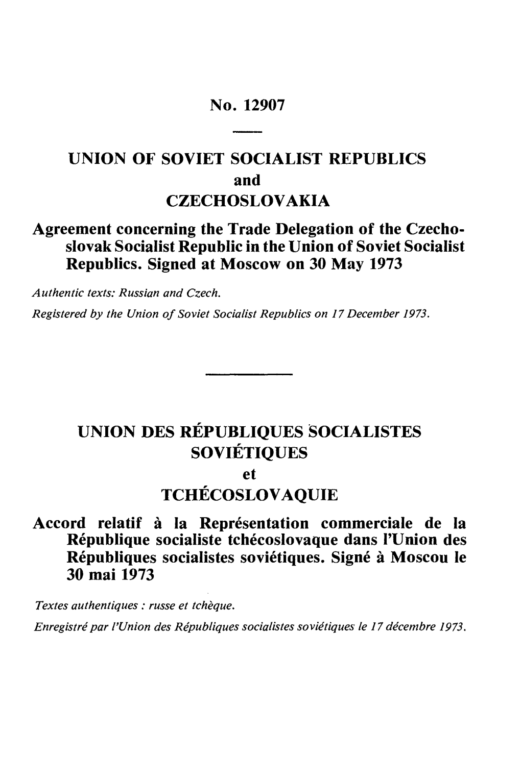 No. 12907 UNION of SOVIET SOCIALIST REPUBLICS And