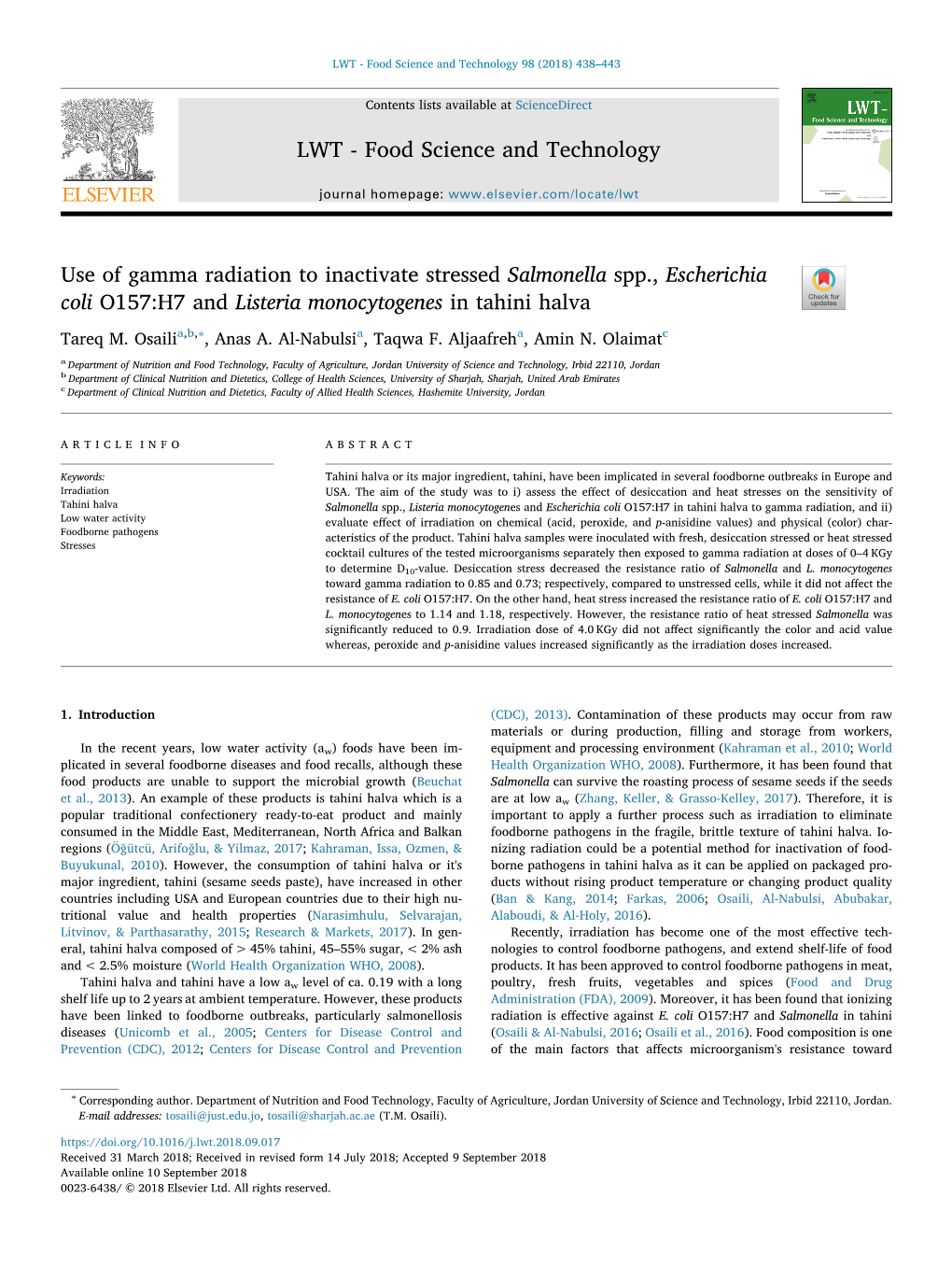 Use of Gamma Radiation to Inactivate Stressed Salmonella Spp., Escherichia Coli O157:H7 and Listeria Monocytogenes in Tahini Halva T