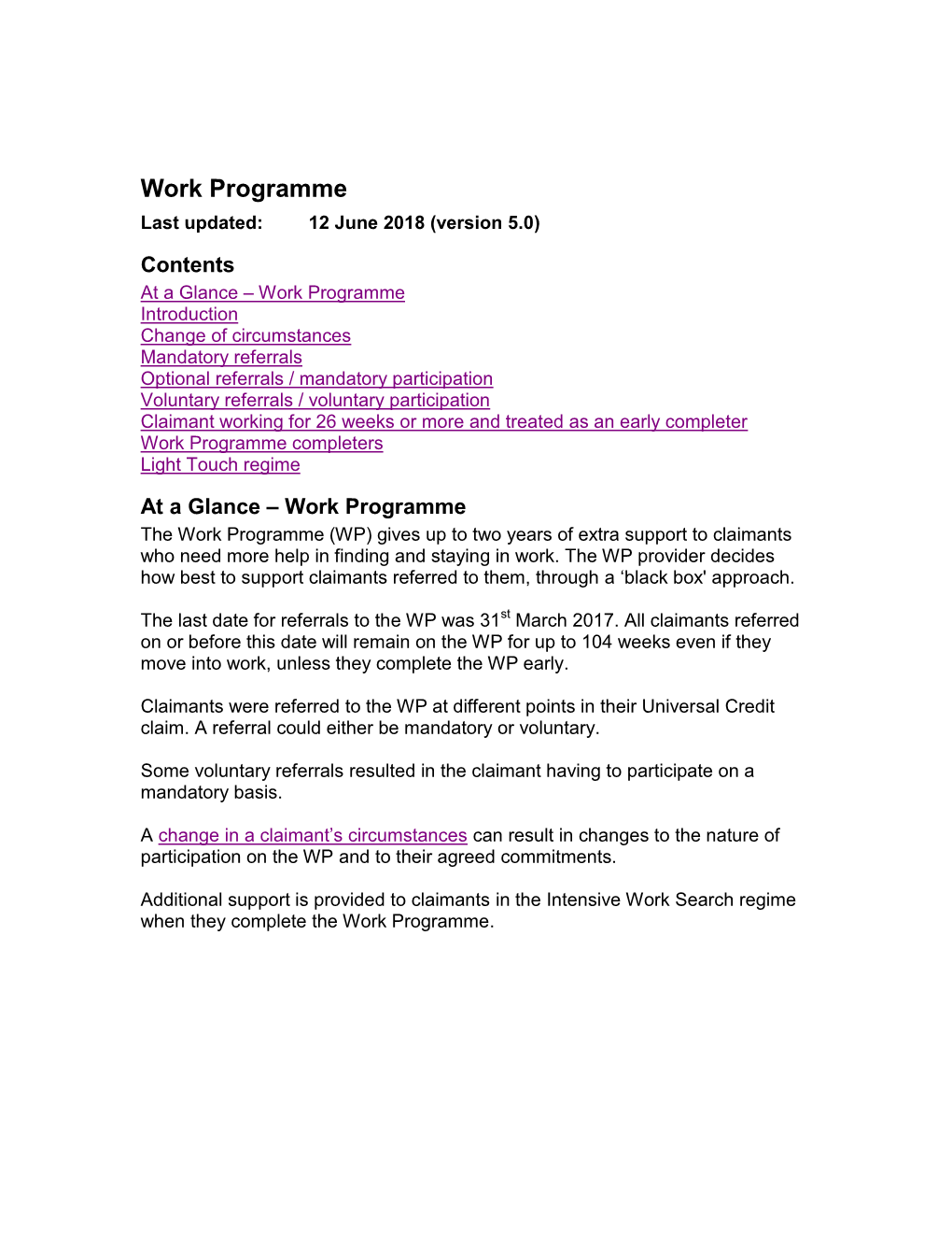 Work Programme Last Updated: 12 June 2018 (Version 5.0)