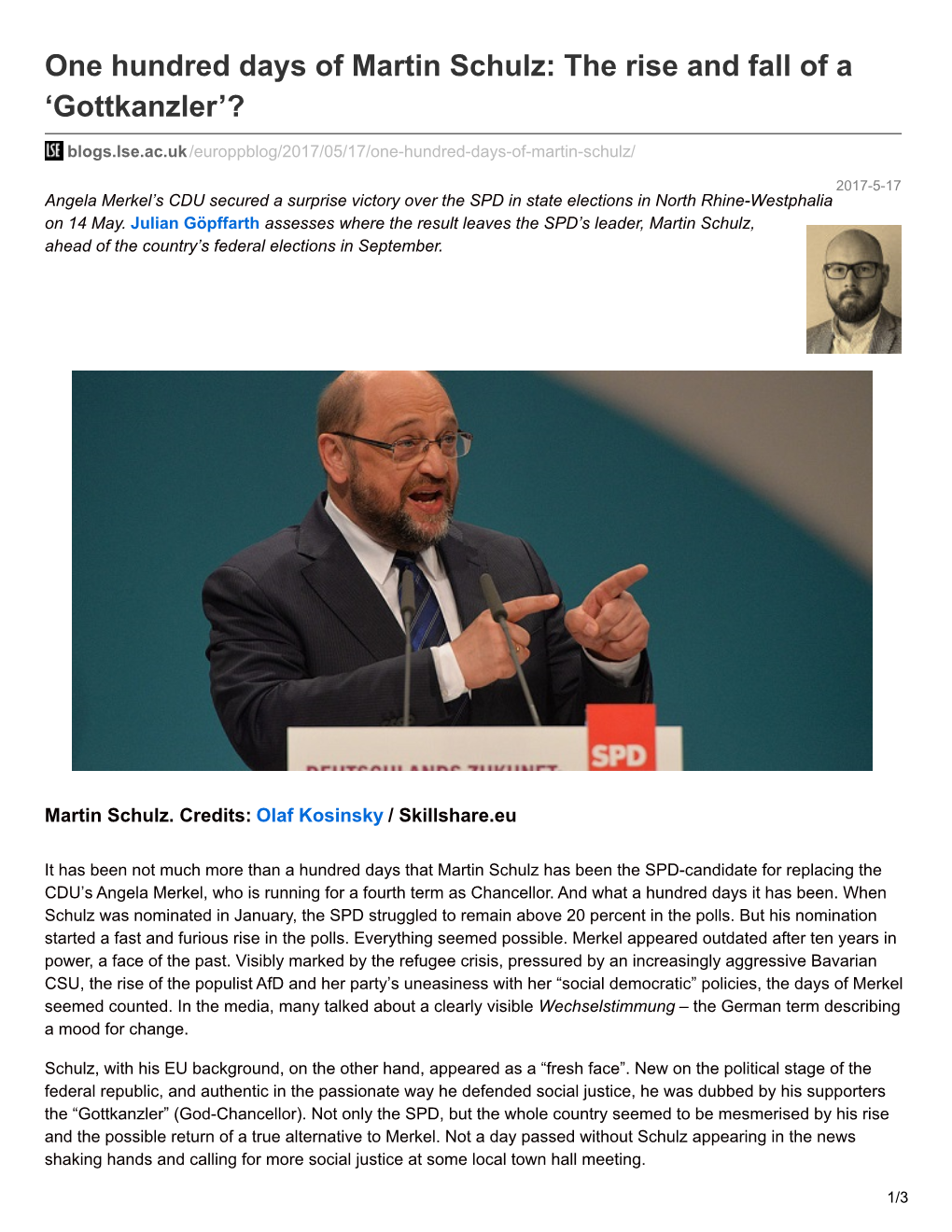 One Hundred Days of Martin Schulz: the Rise and Fall of a ‘Gottkanzler’?