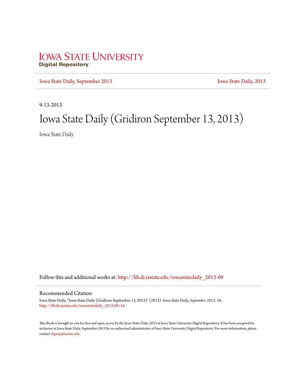 Iowa State Daily (Gridiron September 13, 2013) Iowa State Daily