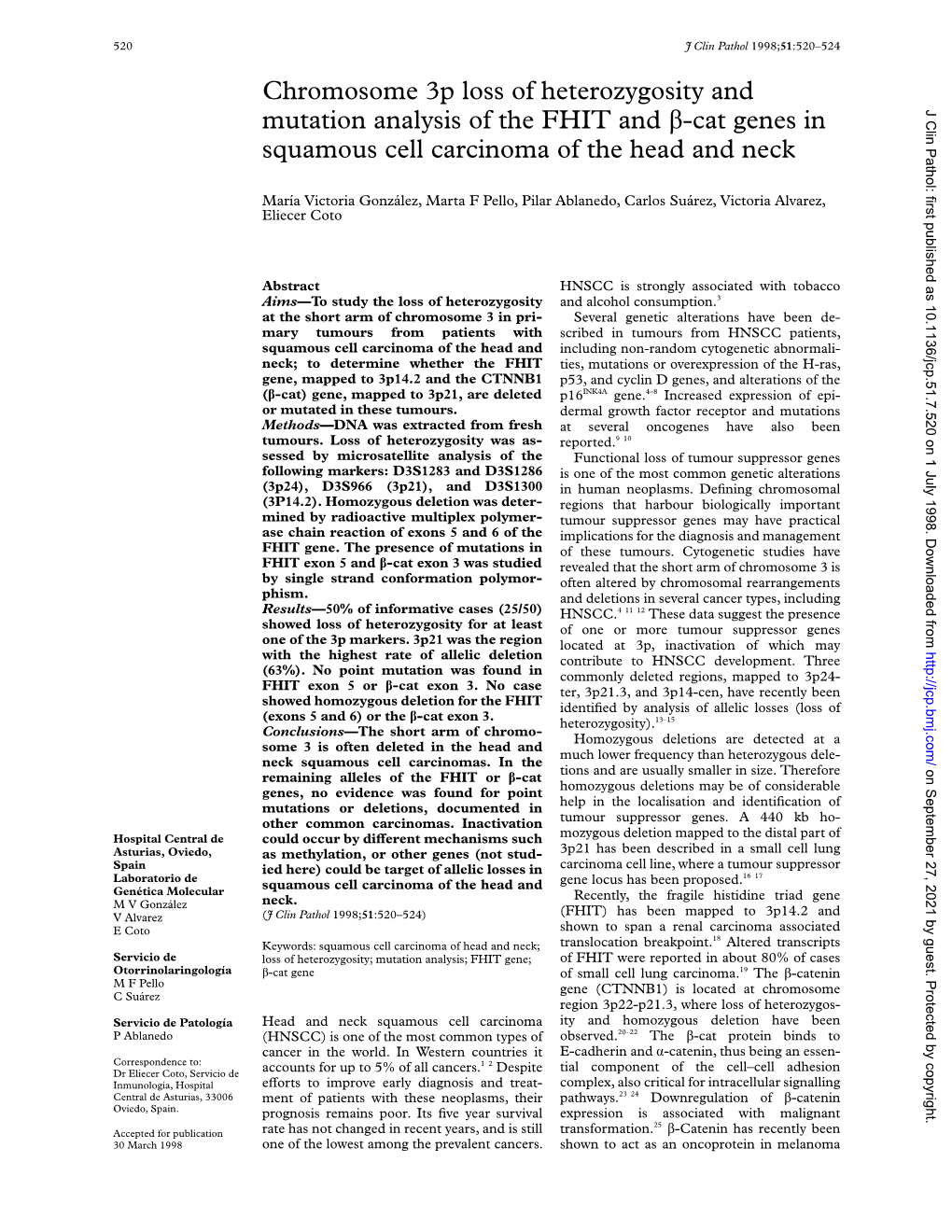 Chromosome 3P Loss of Heterozygosity and Mutation Analysis of the FHIT and Â-Cat Genes in J Clin Pathol: First Published As 10.1136/Jcp.51.7.520 on 1 July 1998