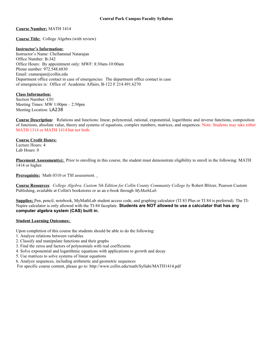 Central Park Campus Faculty Syllabus Template