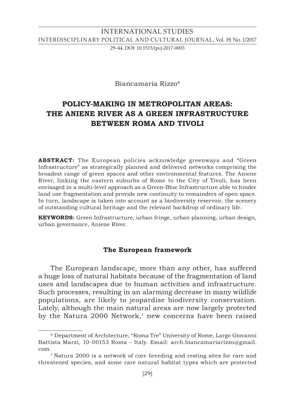 The Aniene River As a Green Infrastructure… Between Roma and Tivoli