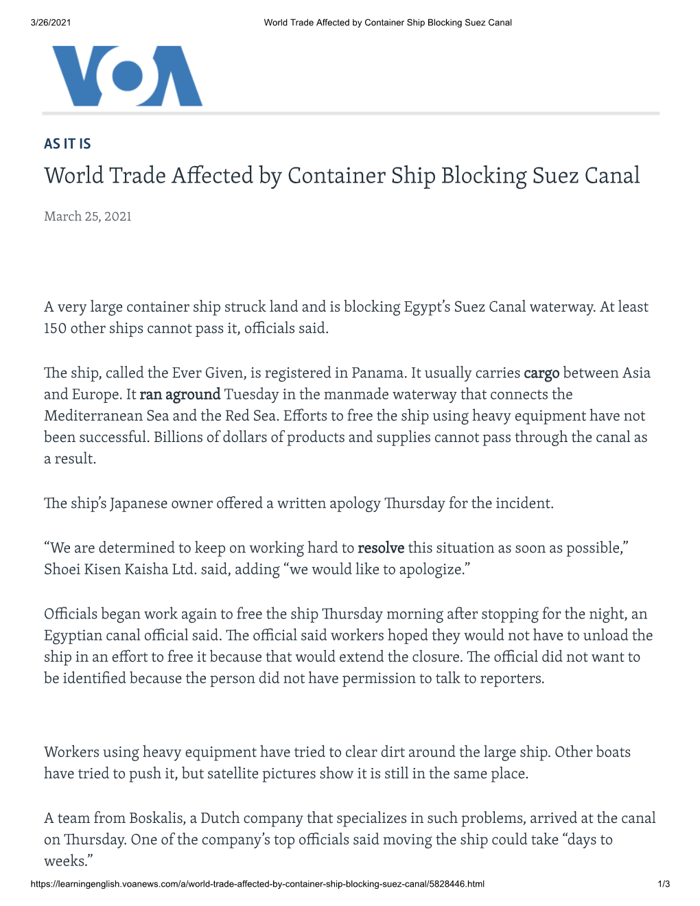 World Trade a Ected by Container Ship Blocking Suez Canal
