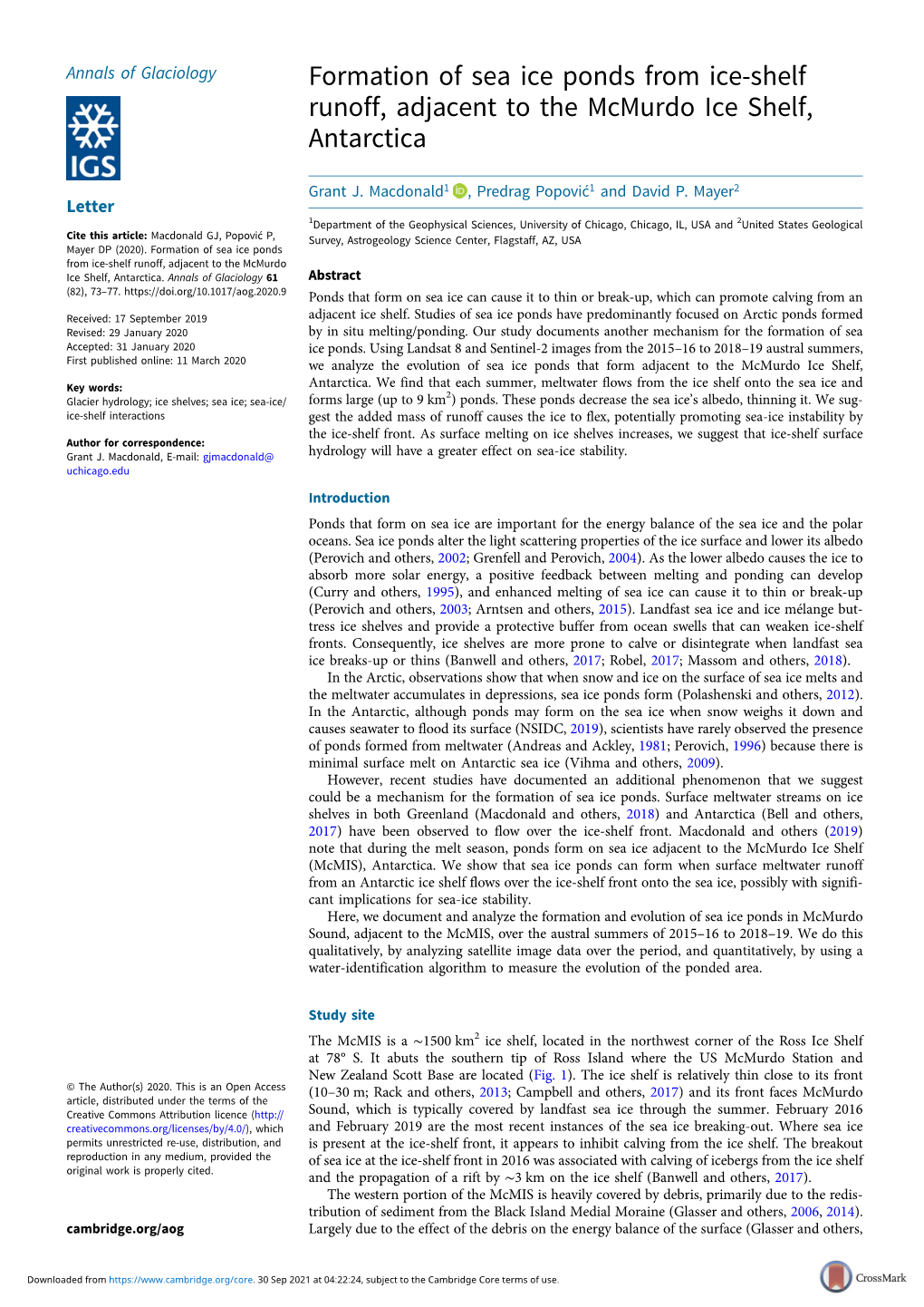 Formation of Sea Ice Ponds from Ice-Shelf Runoff, Adjacent to the Mcmurdo Ice Shelf, Antarctica