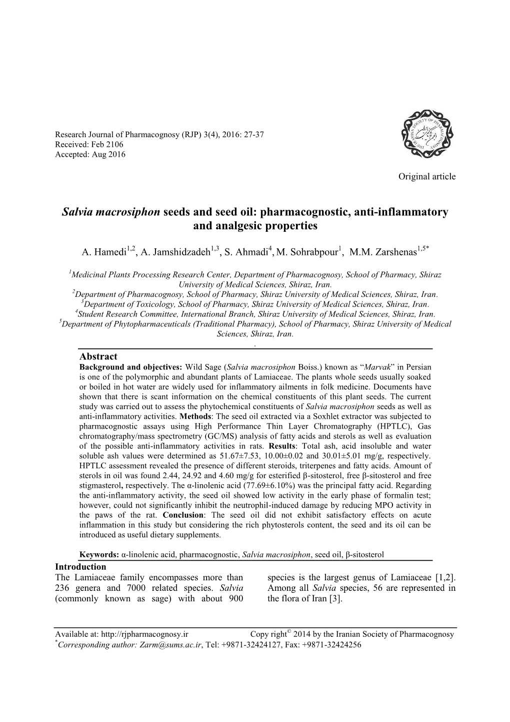 Salvia Macrosiphon Seeds and Seed Oil: Pharmacognostic, Anti-Inflammatory and Analgesic Properties