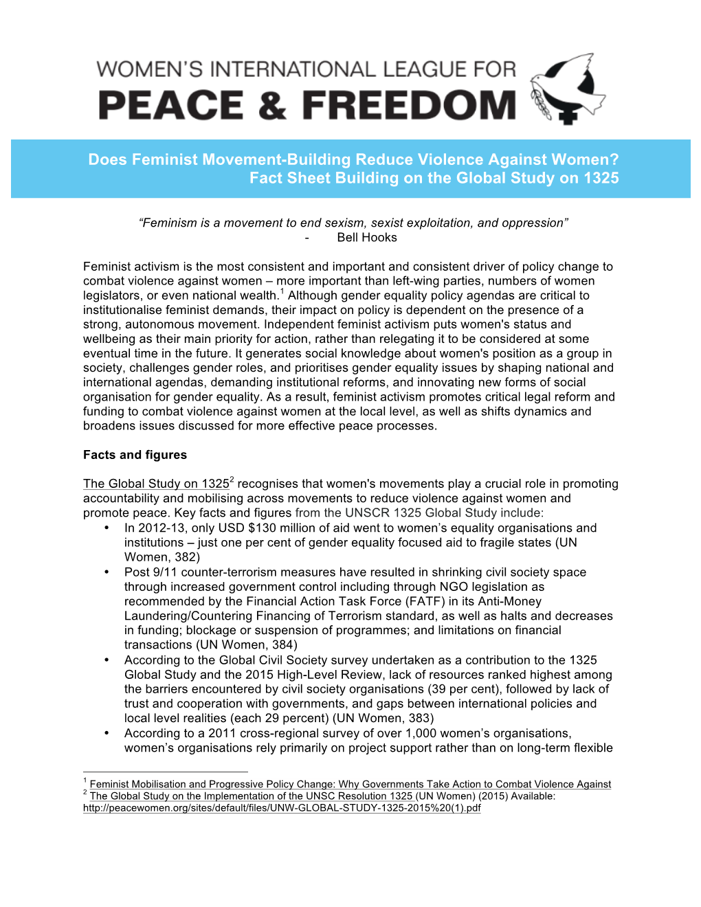 Feminist Movement-Building Reduce Violence Against Women? Fact Sheet Building on the Global Study on 1325