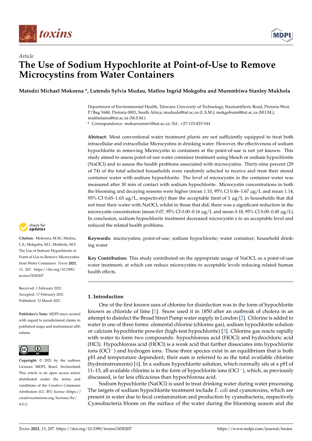 The Use of Sodium Hypochlorite at Point-Of-Use to Remove Microcystins from Water Containers