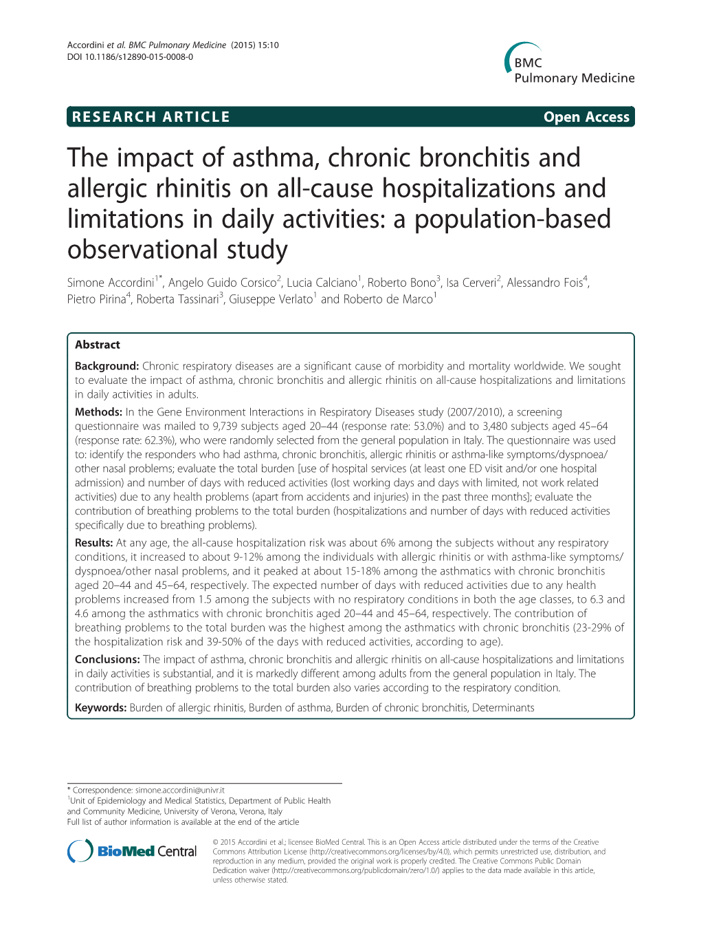 The Impact of Asthma, Chronic Bronchitis and Allergic Rhinitis on All-Cause Hospitalizations and Limitations in Daily Activities