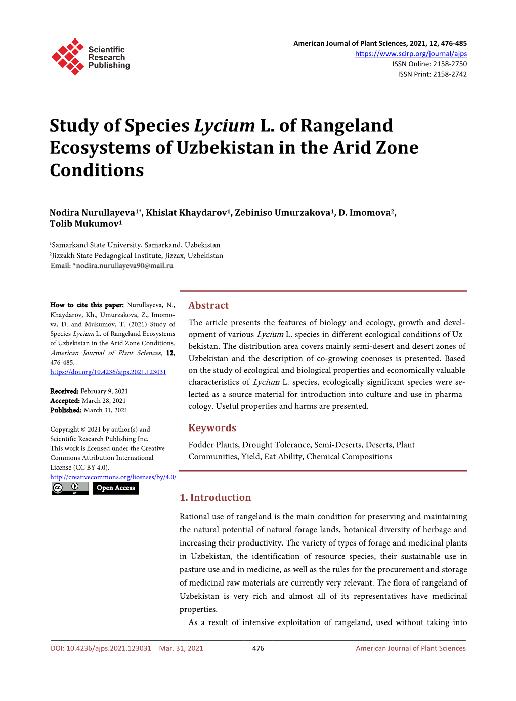 Study of Species Lycium L. of Rangeland Ecosystems of Uzbekistan in the Arid Zone Conditions
