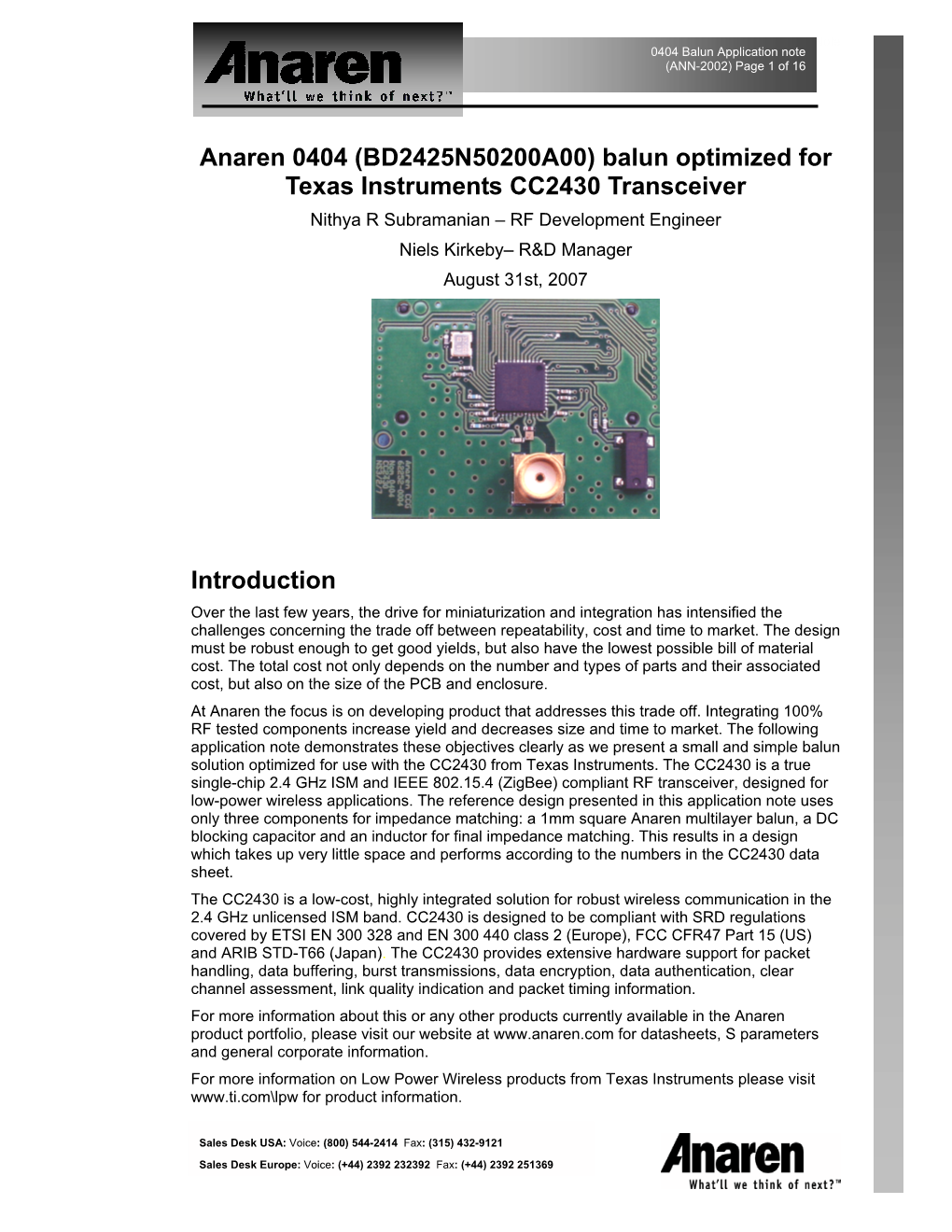 (BD2425N50200A00) Balun Optimized for Texas Instruments CC2430