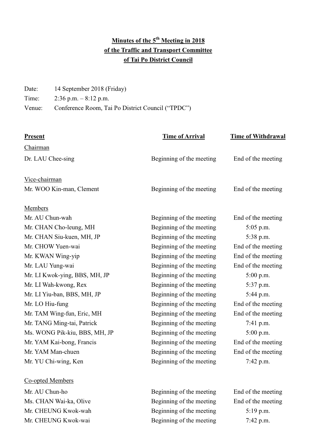 Minutes of the 5 Meeting in 2018 of the Traffic and Transport Committee