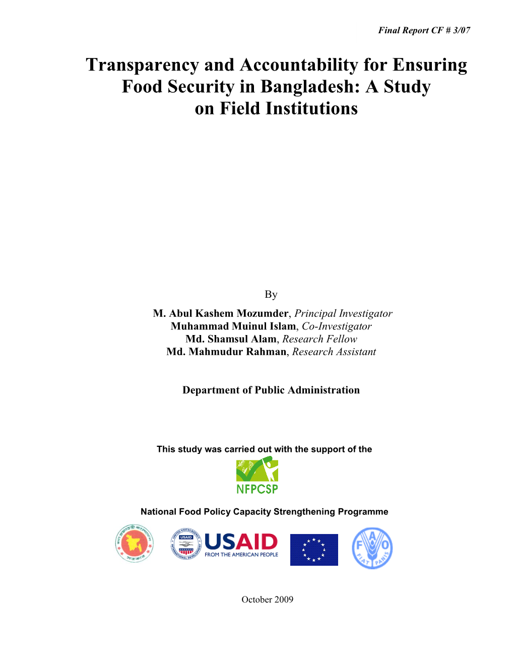 Transparency and Accountability for Ensuring Food Security in Bangladesh: a Study on Field Institutions