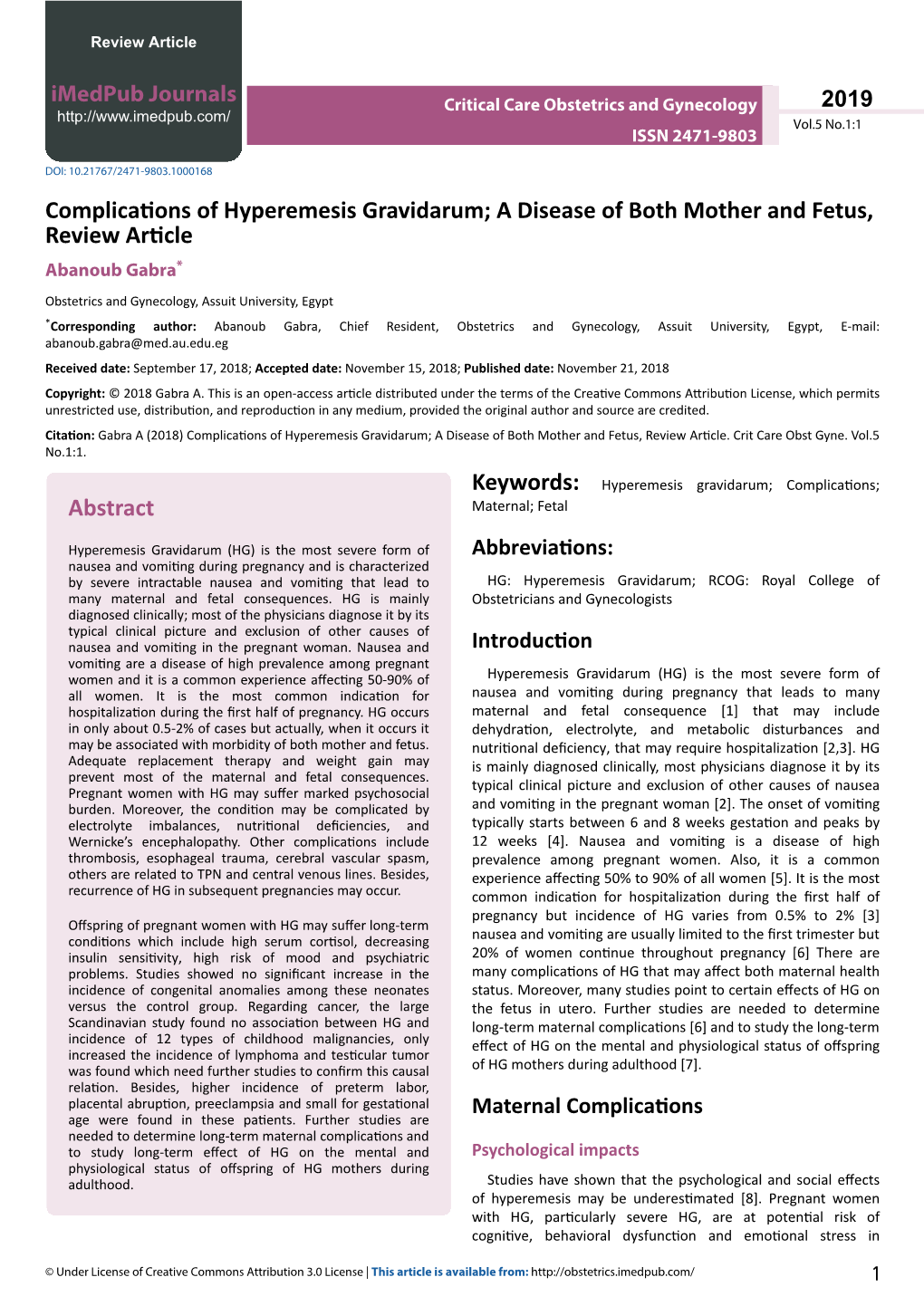 Complications of Hyperemesis Gravidarum; a Disease of Both Mother and Fetus, Review Article Abanoub Gabra*