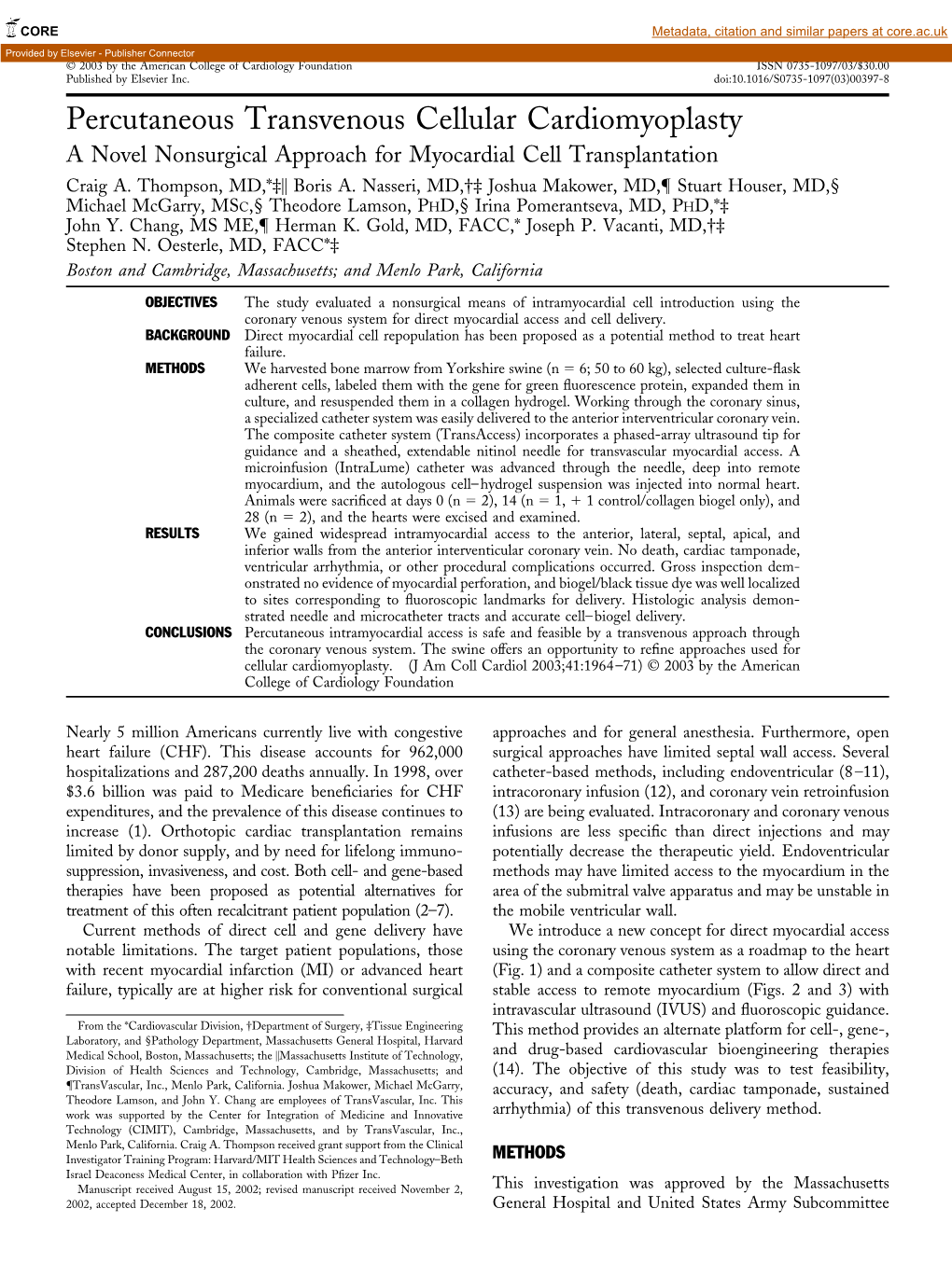 Percutaneous Transvenous Cellular Cardiomyoplasty a Novel Nonsurgical Approach for Myocardial Cell Transplantation Craig A