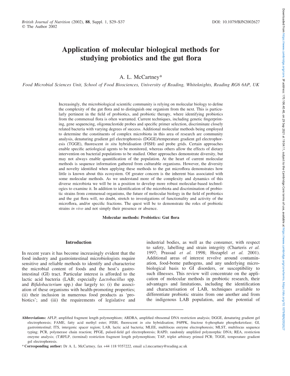 Application of Molecular Biological Methods for Studying Probiotics and the Gut Flora