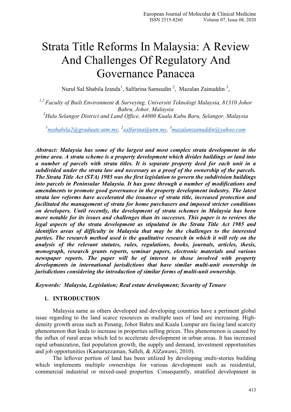 Strata Title Reforms in Malaysia: a Review and Challenges of Regulatory and Governance Panacea