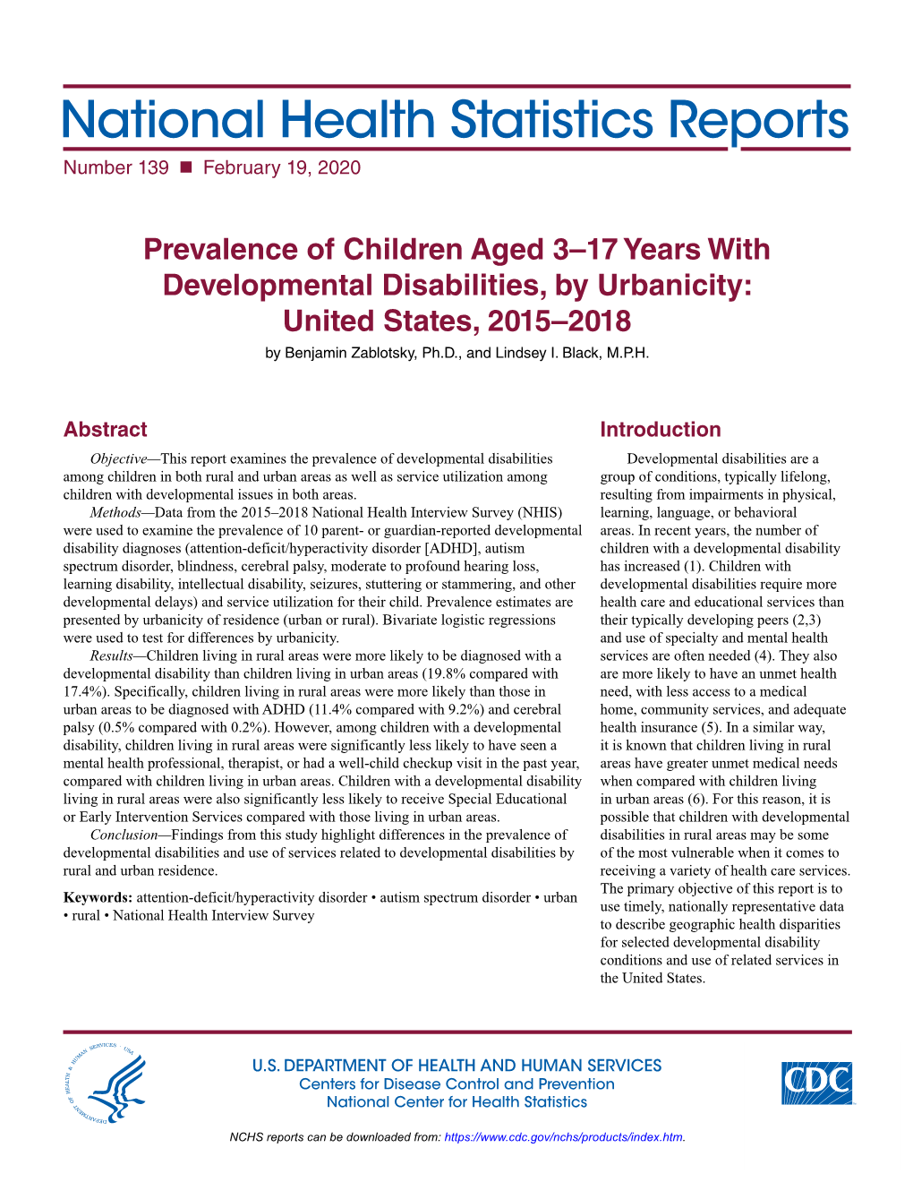 Prevalence of Children Aged 3–17 Years with Developmental Disabilities, by Urbanicity: United States, 2015–2018 by Benjamin Zablotsky, Ph.D., and Lindsey I