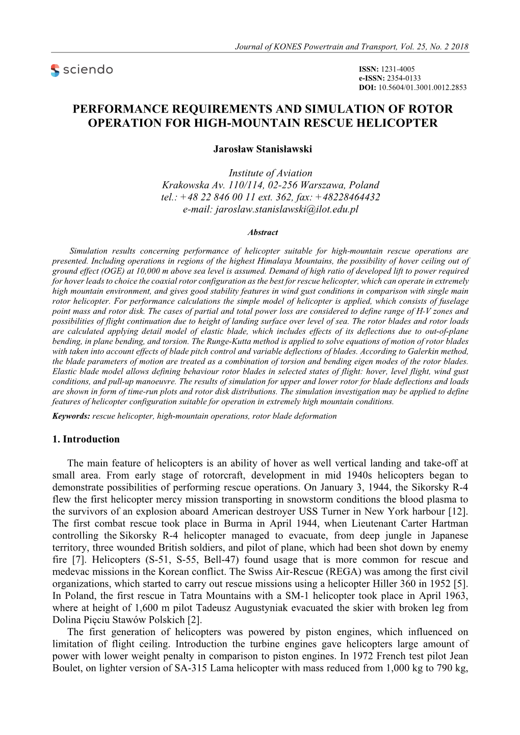 Performance Requirements and Simulation of Rotor Operation for High-Mountain Rescue Helicopter
