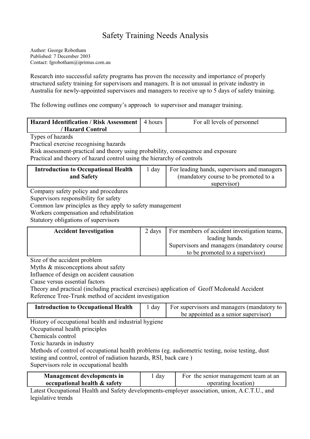 Safety Training Needs Analysis