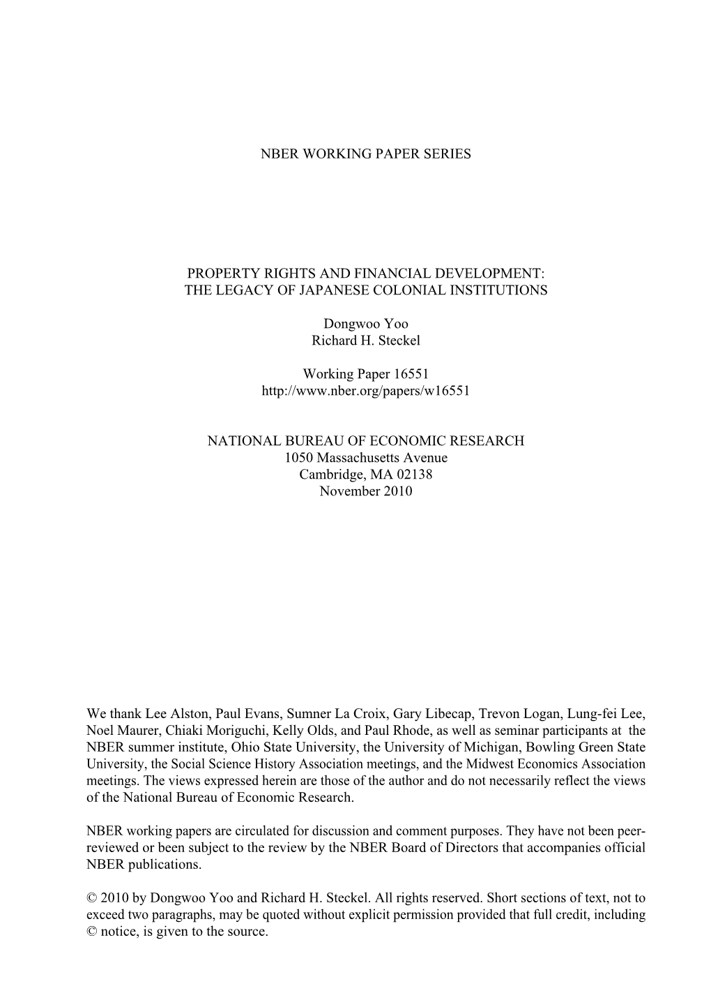 Nber Working Paper Series Property Rights And