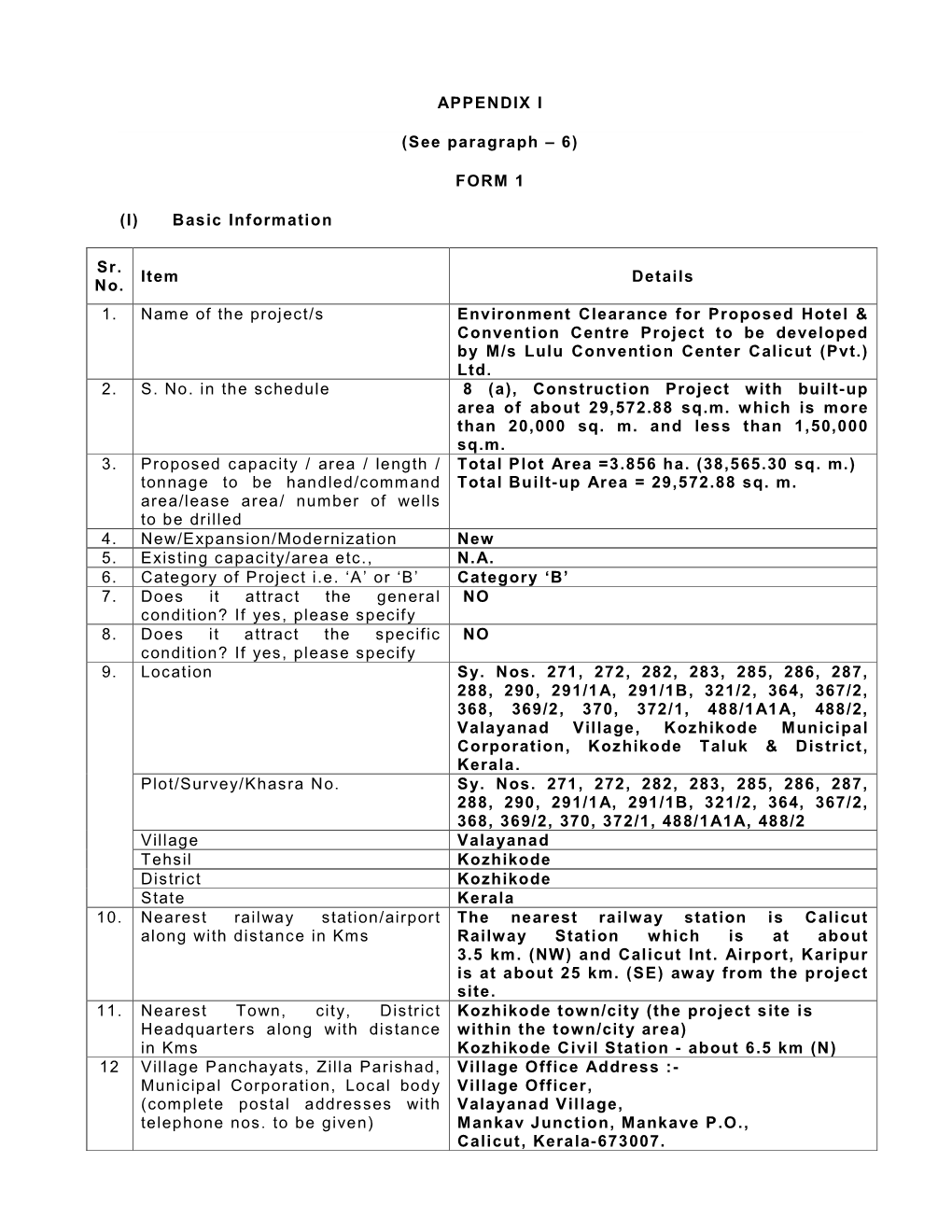 FORM 1 (I) Basic Information Sr. No. Item Details 1. Name of the Project/S