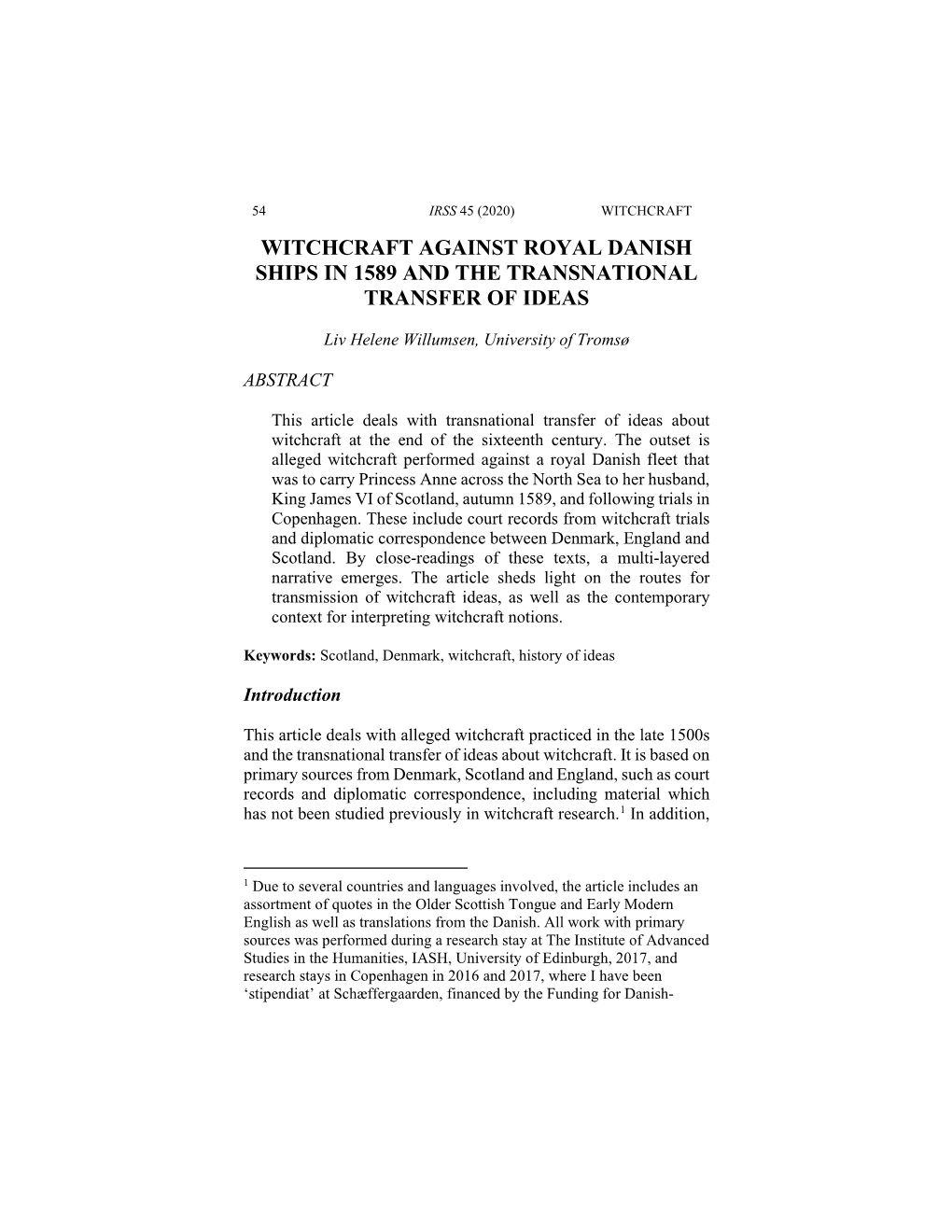 Witchcraft Against Royal Danish Ships in 1589 and the Transnational Transfer of Ideas