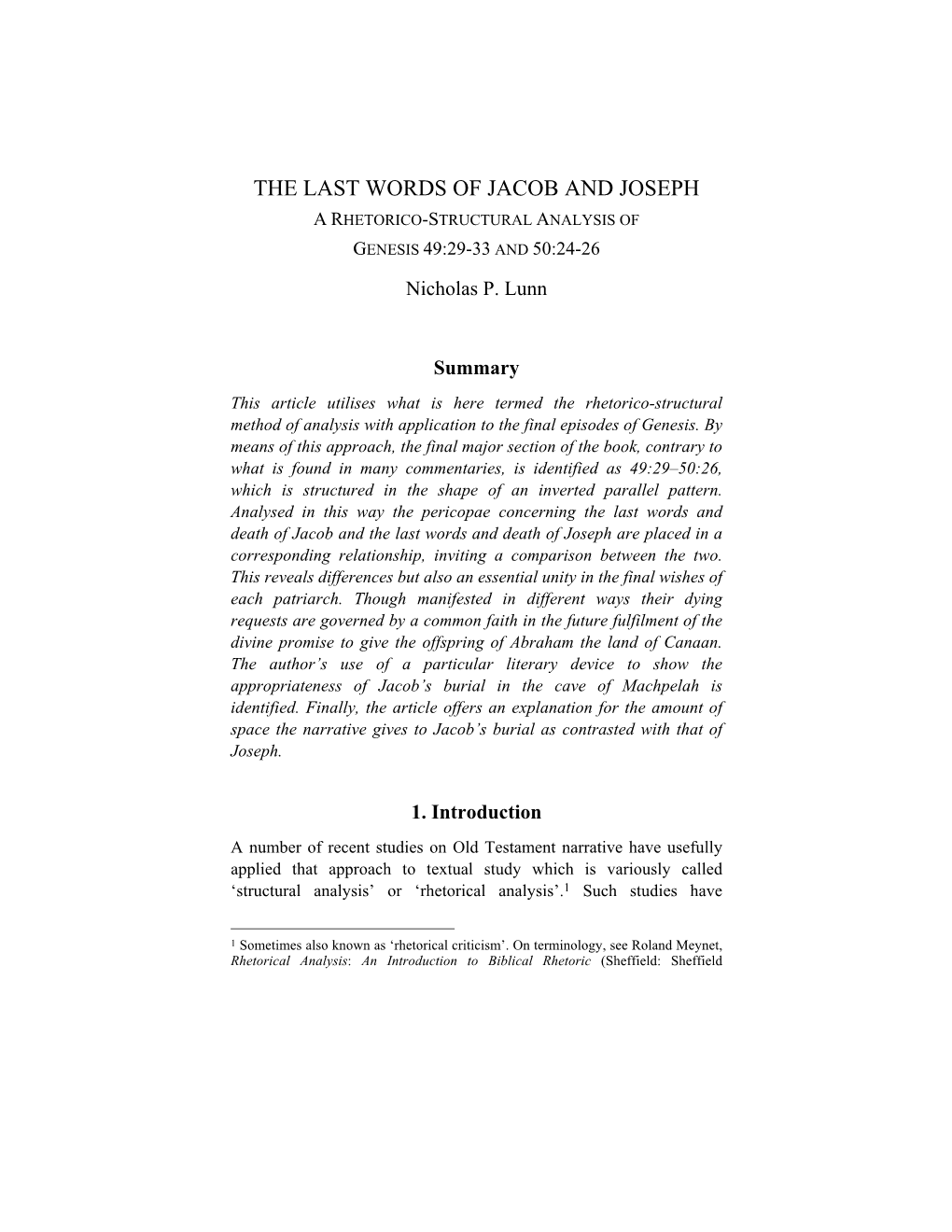 The Last Words of Jacob and Joseph a Rhetorico-Structural Analysis of Genesis 49:29-33 and 50:24-26