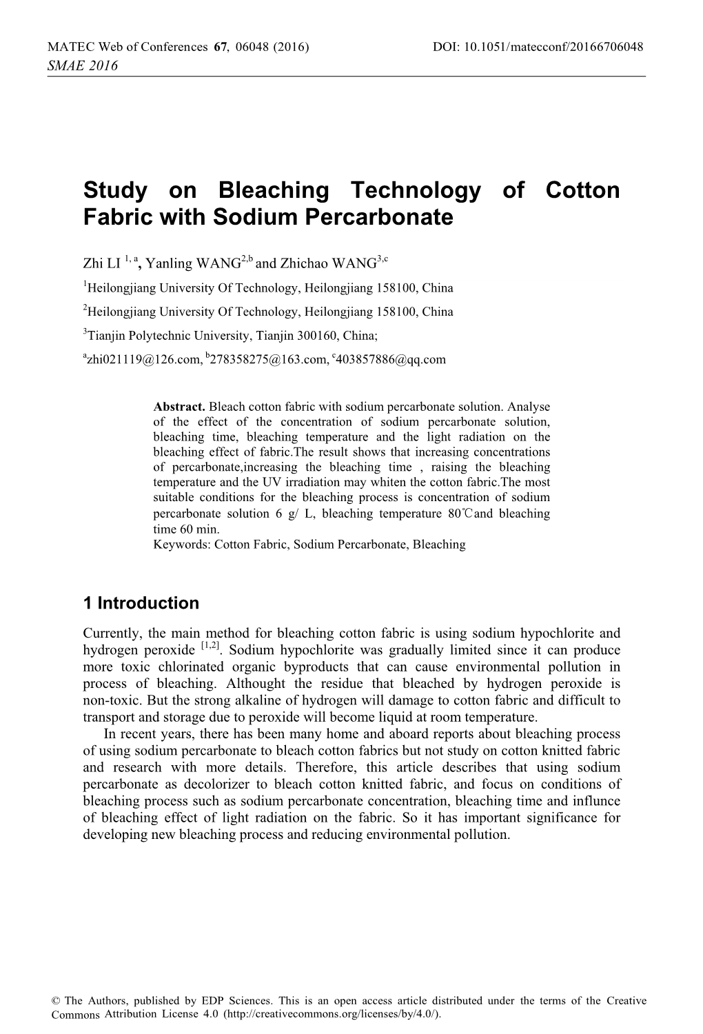 Study on Bleaching Technology of Cotton Fabric with Sodium Percarbonate