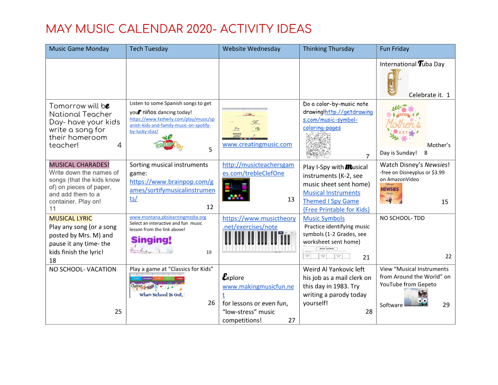 May Music Calendar 2020- Activity Ideas
