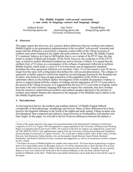 The Middle English Verb-Second Constraint: a Case Study in Language Contact and Language Change† Anthony Kroch Ann Taylor Dona