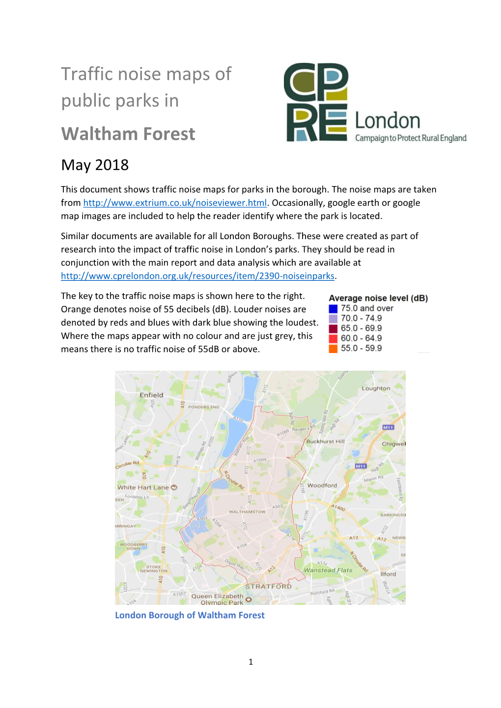 Traffic Noise Maps of Public Parks in Waltham Forest May 2018