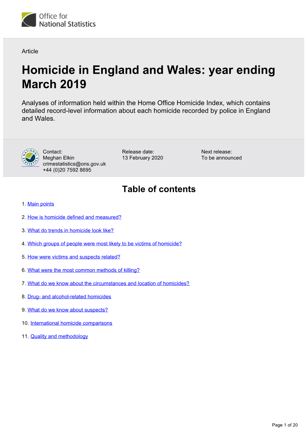 Homicide in England and Wales: Year Ending March 2019