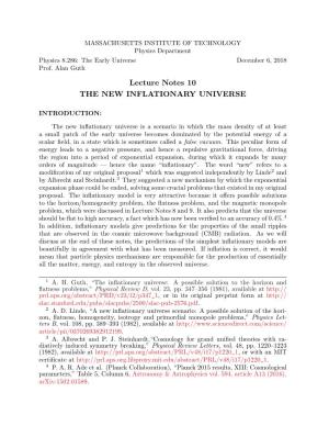 Lecture Notes 10 the NEW INFLATIONARY UNIVERSE