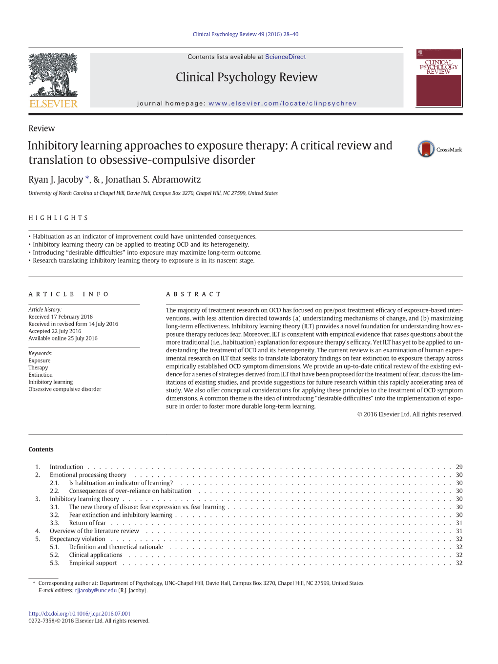 Inhibitory Learning Approaches to Exposure Therapy: a Critical Review and Translation to Obsessive-Compulsive Disorder