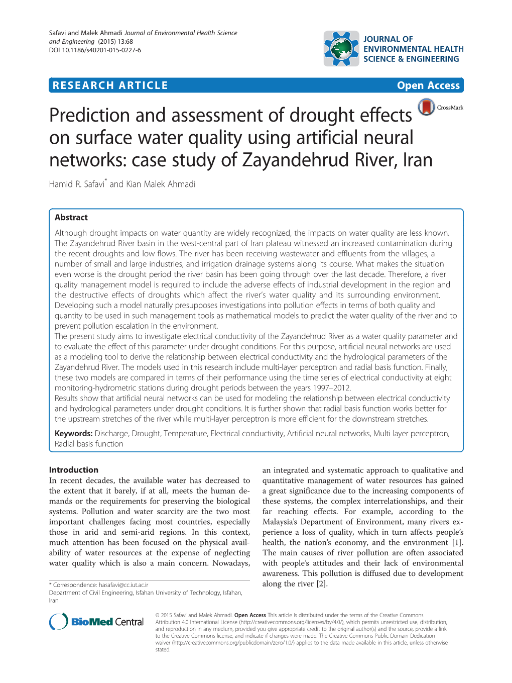 Prediction and Assessment of Drought Effects on Surface Water Quality Using Artificial Neural Networks: Case Study of Zayandehrud River, Iran Hamid R