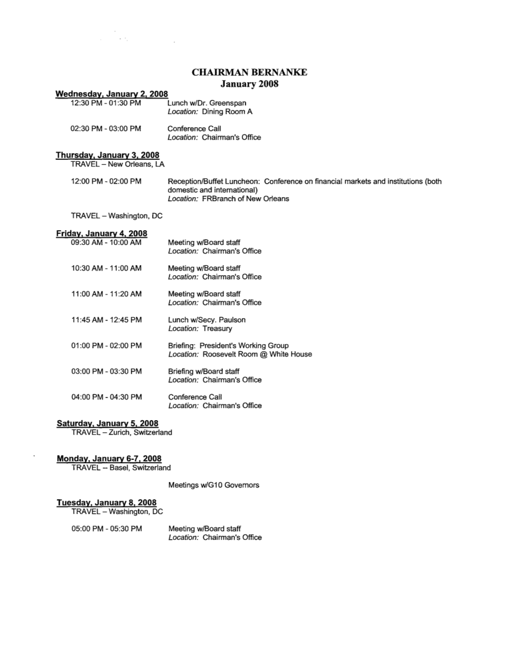 Calendar of Ben Bernanke: 2008