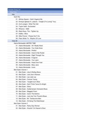 Karaoke Song List Sing King Hits Quik Hitz 01 - Britney Spears - Hold It Against Me 02 - Enrique Iglesias Ft